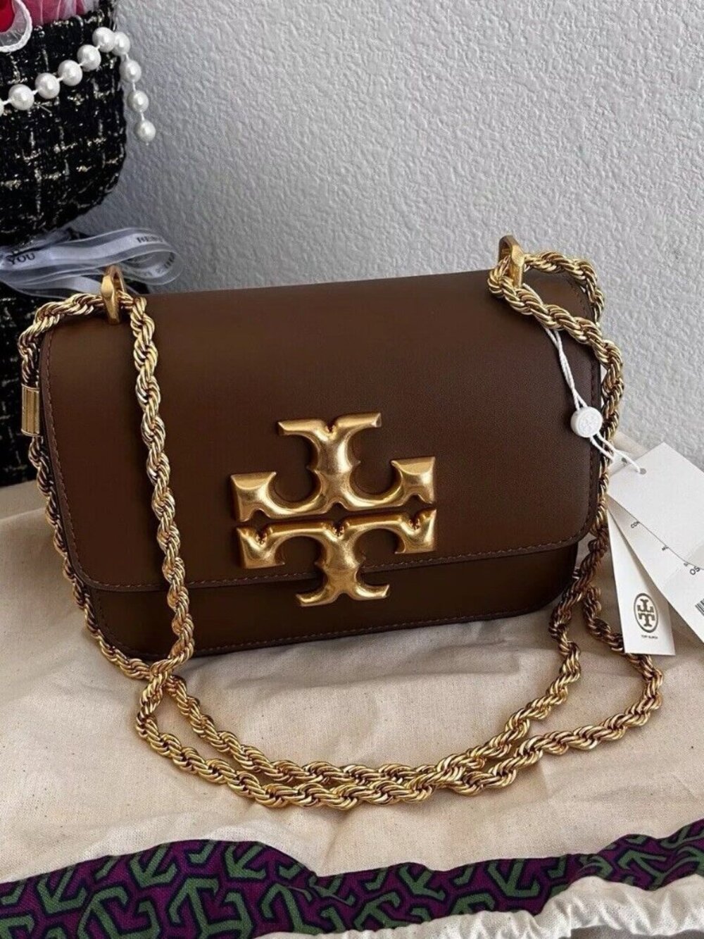 Tory Burch Eleanor Small Cognac Brown Flap Bag Twisted Rope Chain